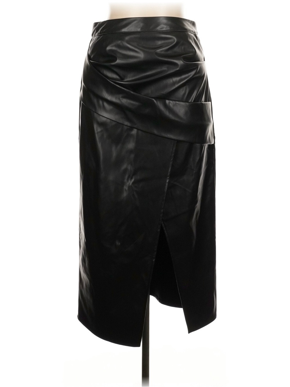 Commense Black Faux Leather Wrap-Detail Pencil Skirt